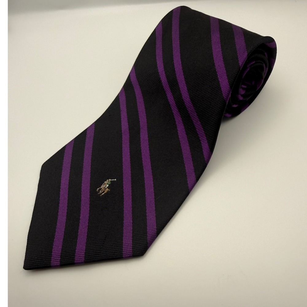 Polo Ralph Lauren Men Purple Black Striped Silk Tie Embroidered Pony Logo-2458